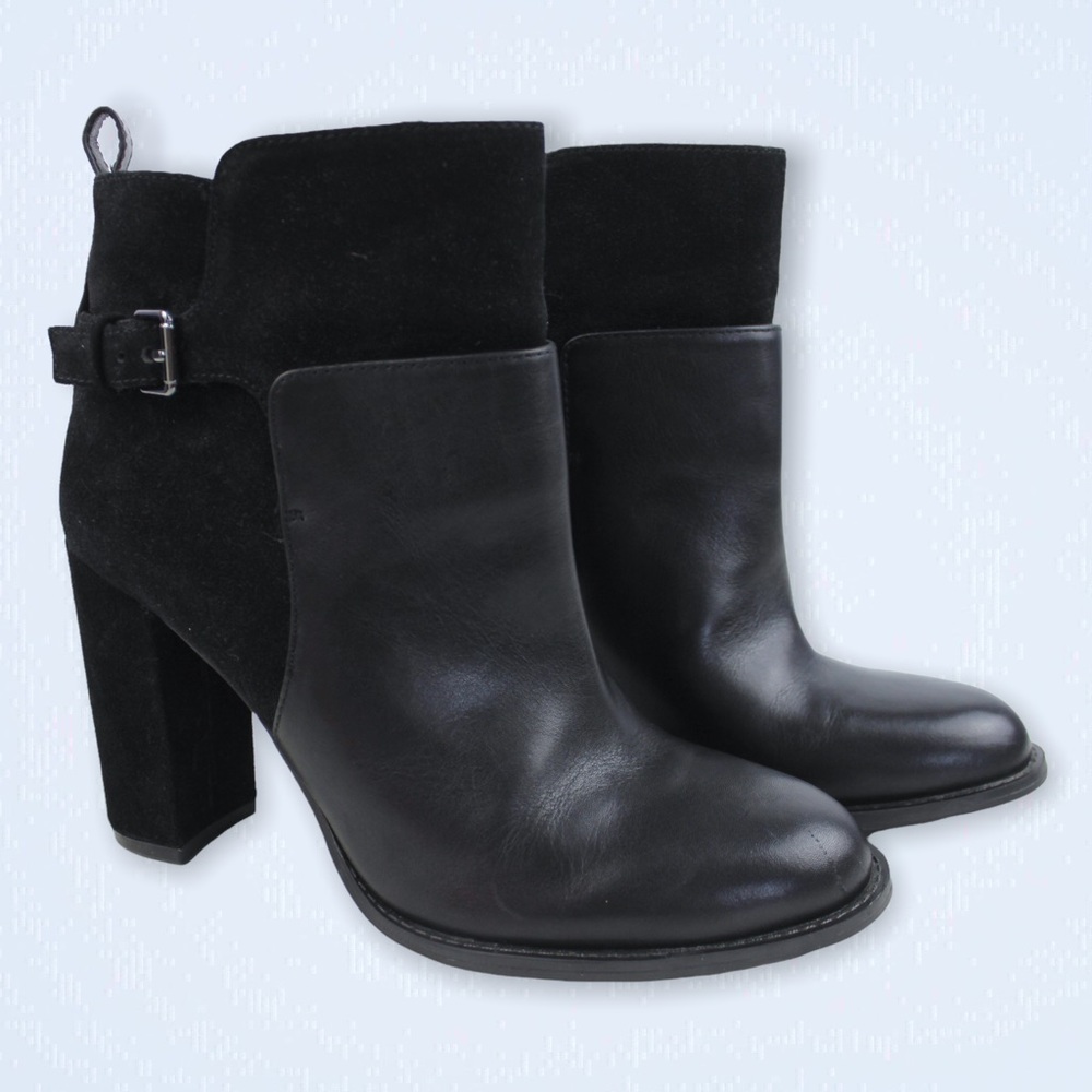 NINE WEST Quinah Leather & Faux Suede Ankle Boot w/ Buckle & Chunky Heel